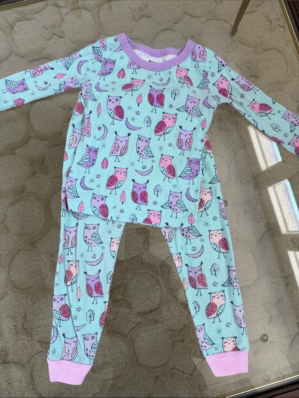 Girls' Mint Owl Footed Pajama Set with Pink Trim